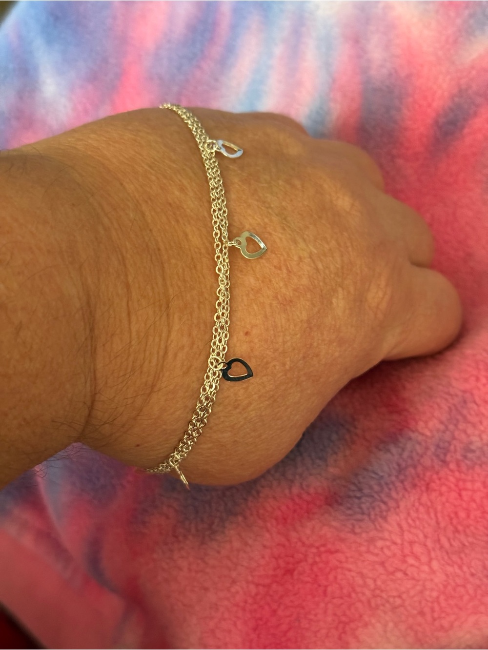 Silver Double Strand Heart Charm Anklet with Toe Ring - Picture 3 of 9